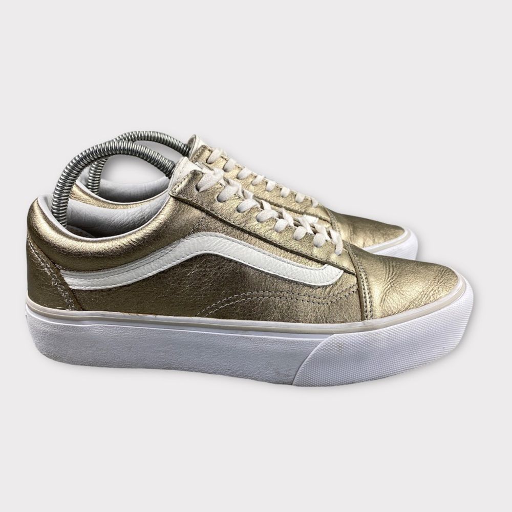Vans Old Skool Platform Gold Shoes Leather Metallic Unisex Womens 9 Men 7.5